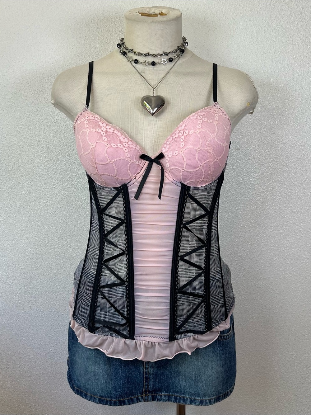 Y2K Pink Lace Bustier Corset Top with Black Mesh Trim